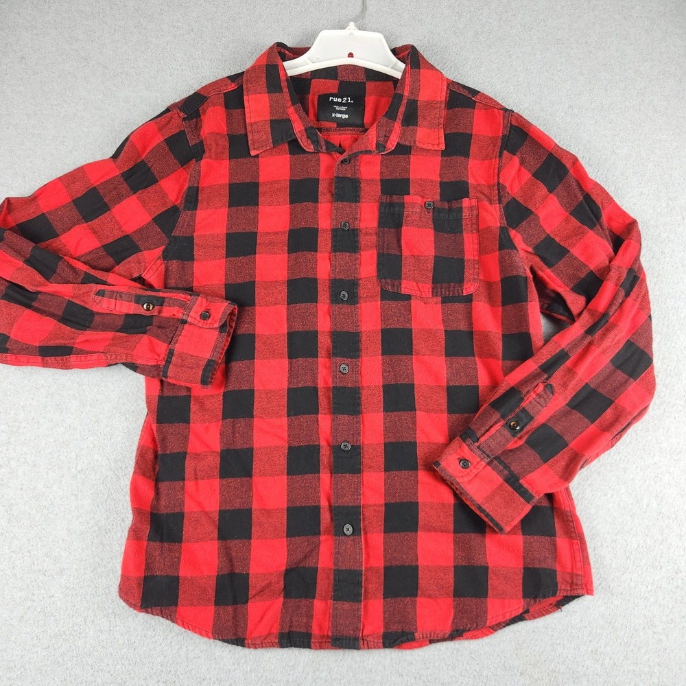 rue21 Flannel Shirt Mens XL Red Black Buffalo Plaid Long Sleeve Casual Button Up